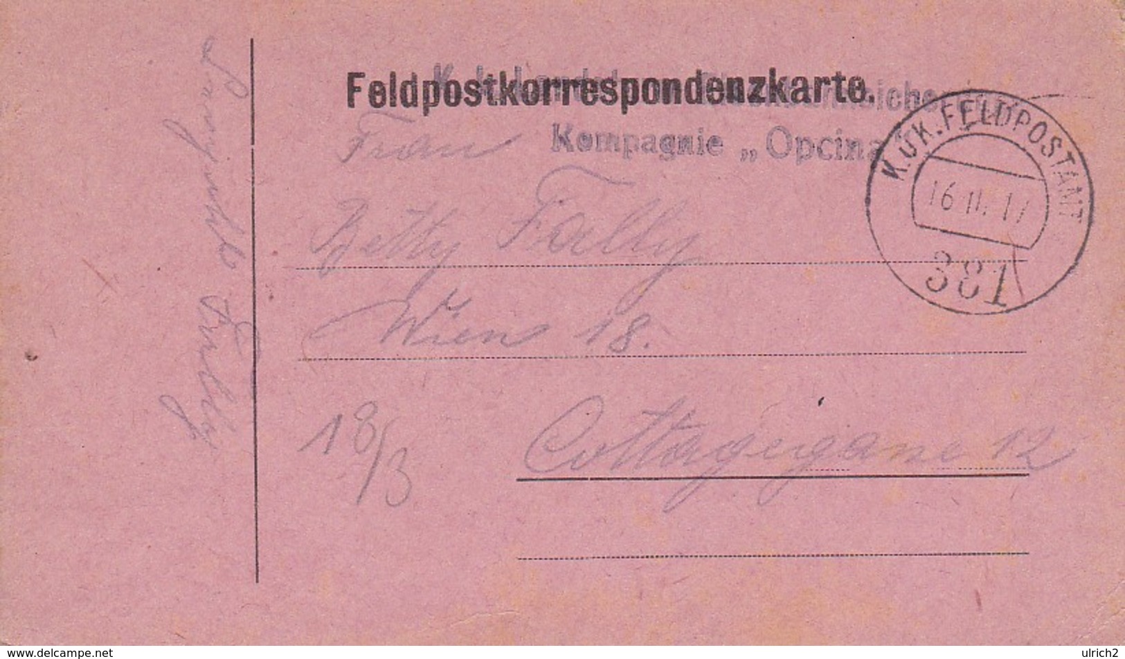Feldpostkarte - Landsturm Einsebahn-Sicherungskompagnie Opcina Nach Wien - 1917 (38577) - Briefe U. Dokumente