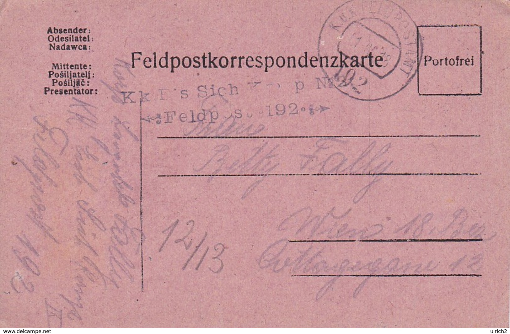 Feldpostkarte - K.k. Eis. Sich Komp. No. 2 - Feldpost 192 -  Nach Wien - 1918 (38578) - Covers & Documents