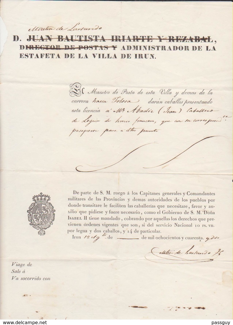 SPAIN Passport 1842 ESPAGNE Passeport – Reisepaß - Documents Historiques