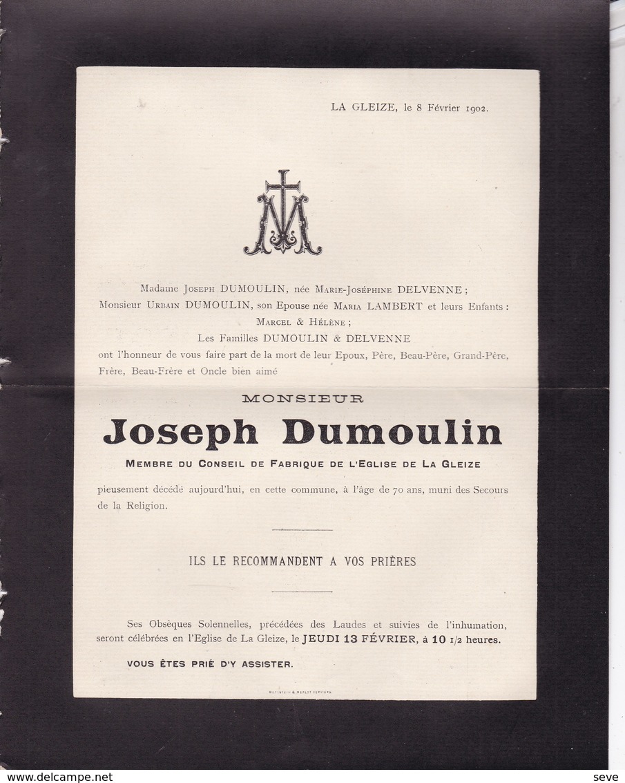 LA GLEIZE Joseph DUMOULIN Membre Conseil De Fabrique D''église 1902 Famille DELVENNE - Décès