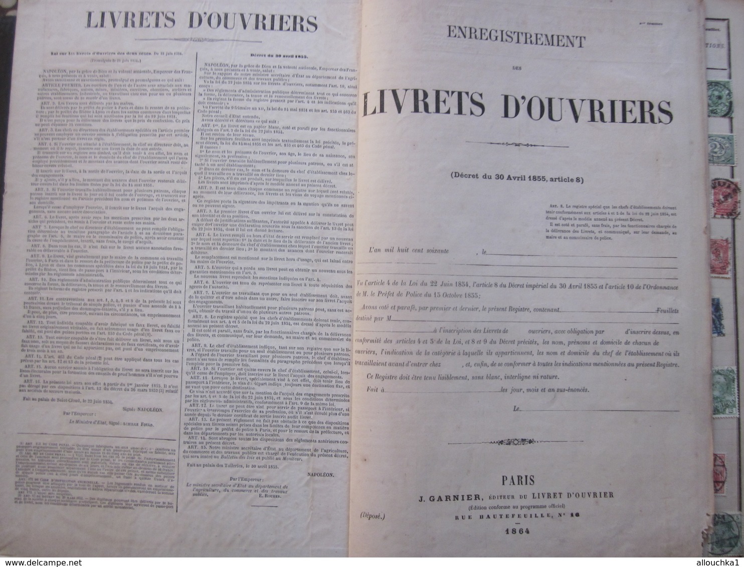 1864 ENREGISTREMENT LIVRET D'OUVRIER PREFET POLICE ORDONNANCES INSTRUCTION+TIMBRES POSTE ANCIENS VOIR SCANNS - Reliures Et Feuilles