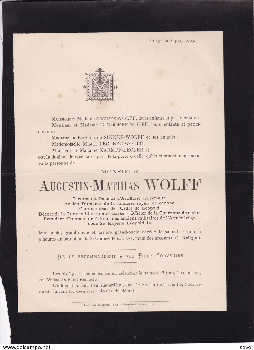 LIEGE Ancien Directeur De La Fonderie Royale De Canons Augustin-Mathias WOLFF  81 Ans 1903 - Décès