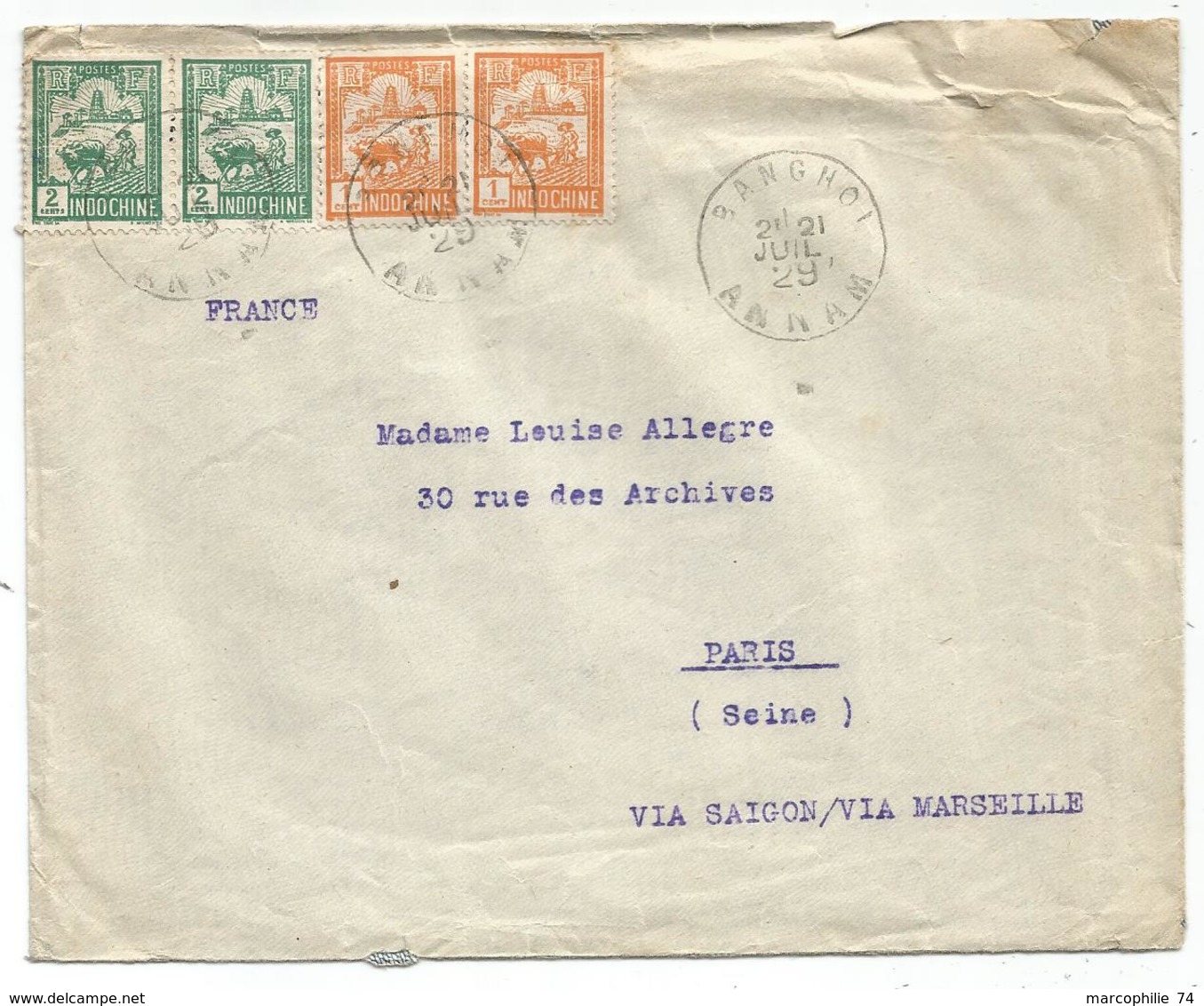 INDOCHINE 2CX2+1CX2 LETTRE BANGHOI 21 JUIL 1929 ANNAM POUR PARIS VIA SAIGON VIA MARSEILLE - Lettres & Documents