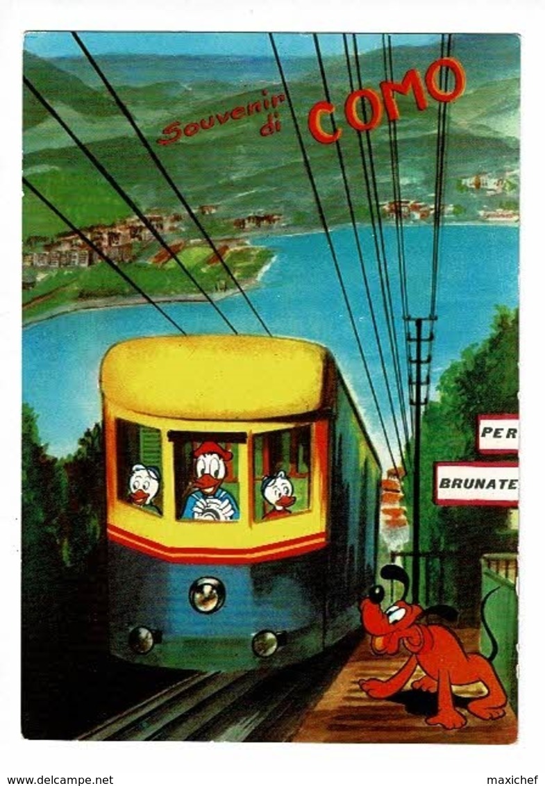 Carte Illustrée - Souvenir Di Como - Le Train à Crémaillière "Per Brunate" Est Conduit Par Donald & Ses Neveux, Pluto - Autres & Non Classés