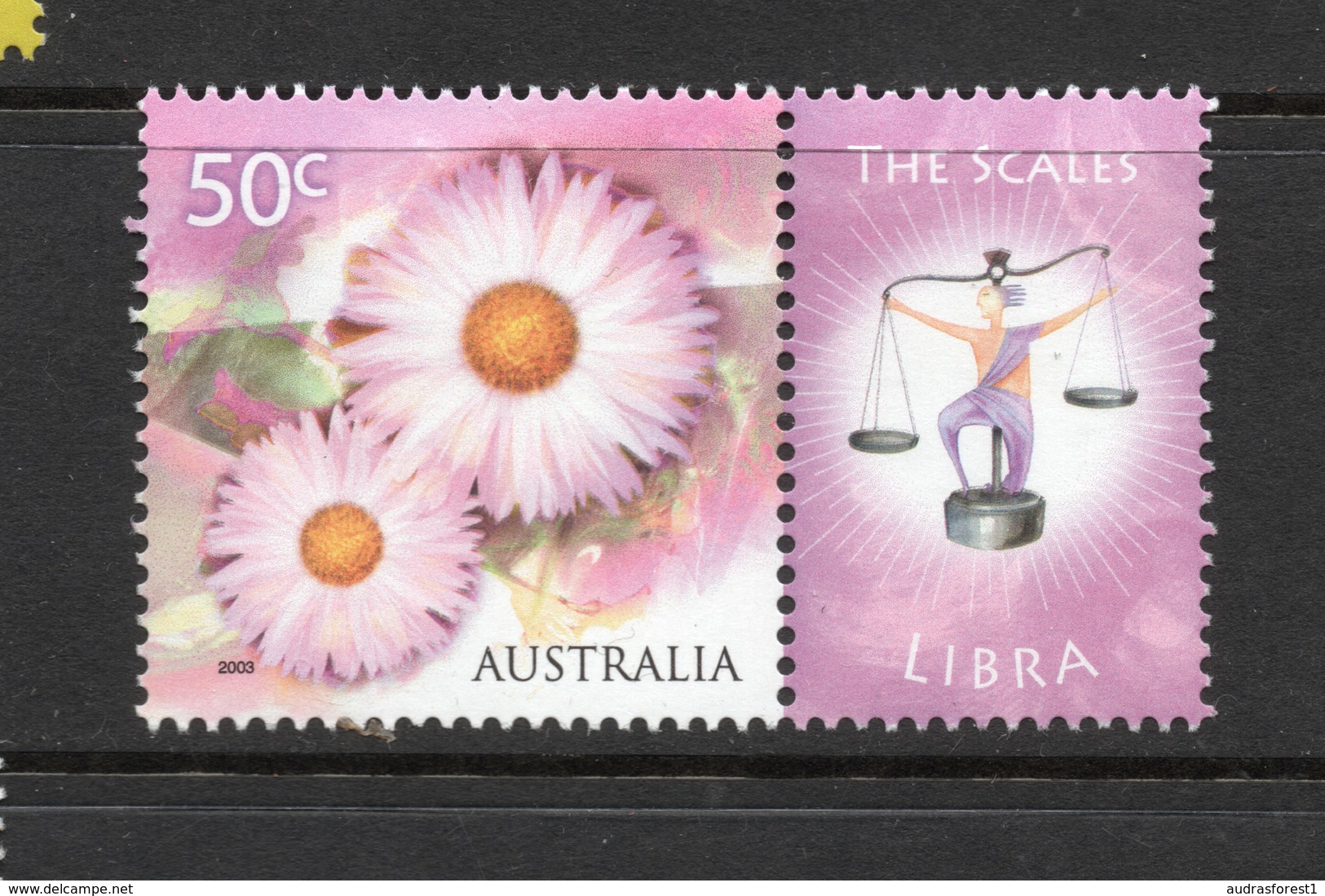 2003 ZODIAC - LIBRA THE SCALES 50c MNH PINK FLOWERS Stamp With RIGHT MARGIN TAB - Issued In AUSTRALIA - Nuevos