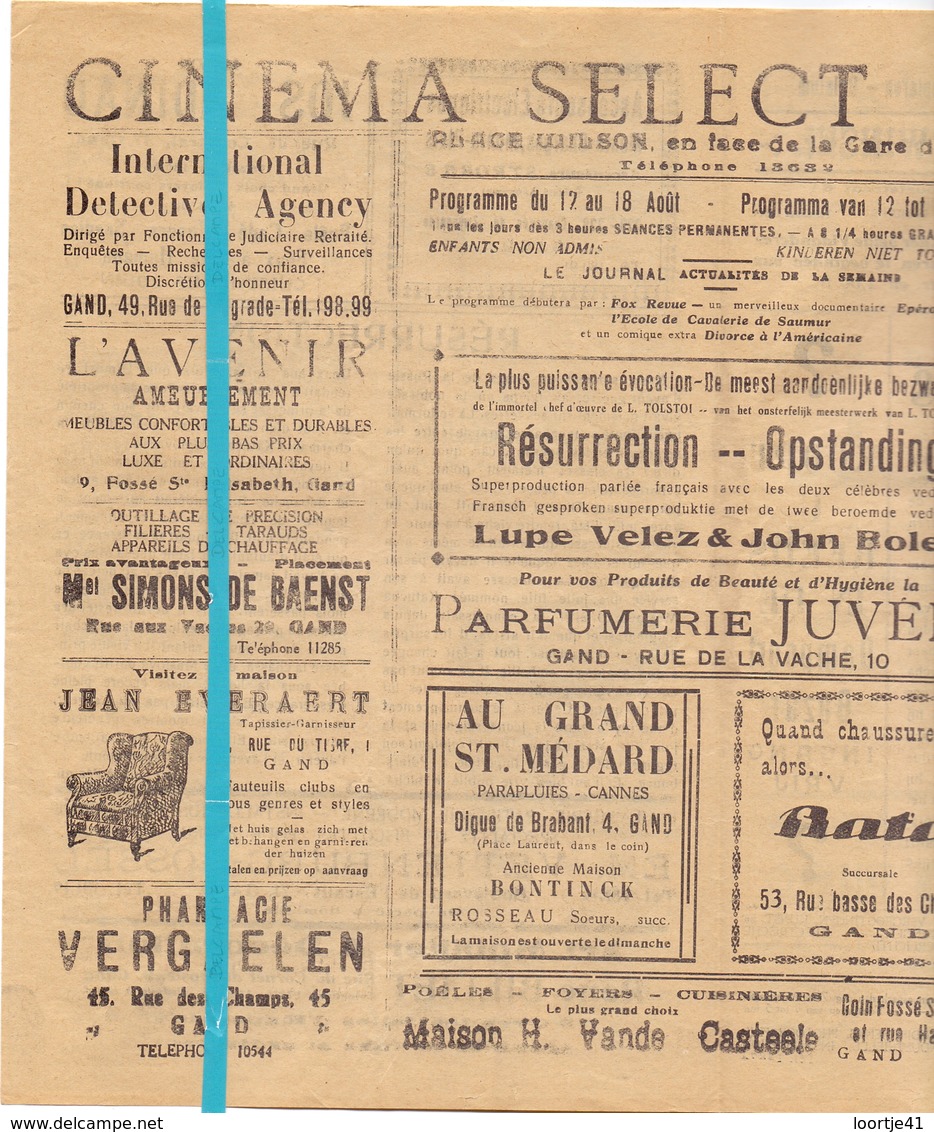 Ciné Cinema Bioscoop Pub Reclame Programma - Ciné Select Gand Gent - +- 1930 - Publicité Cinématographique