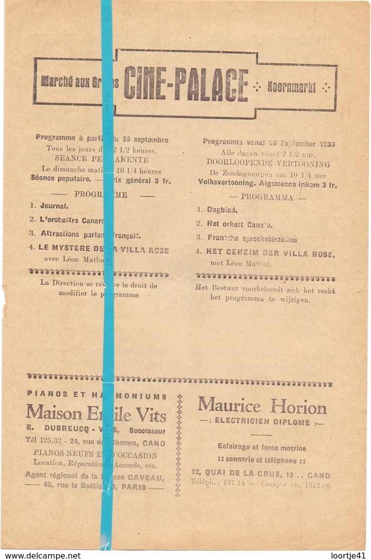 Ciné Cinema Bioscoop Pub Reclame Programma - Ciné Palace Gand Gent - 1930 - Publicité Cinématographique
