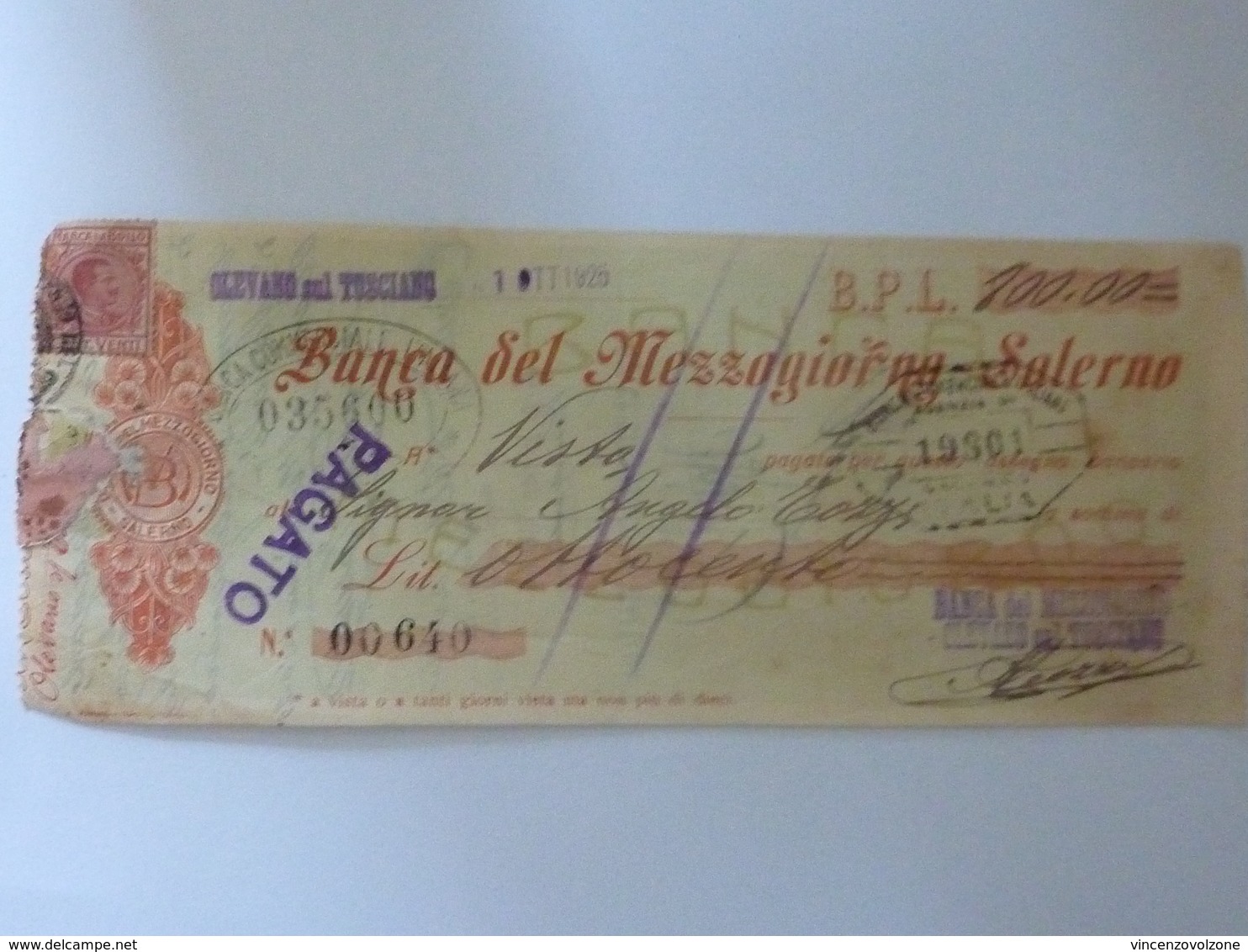 Assegno "BANCA DEL MEZZOGIORNO OLEVANO SUL TUSCIANO ( SA ) OTTOBRE 1925 Lire 800.00" - Chèques & Chèques De Voyage