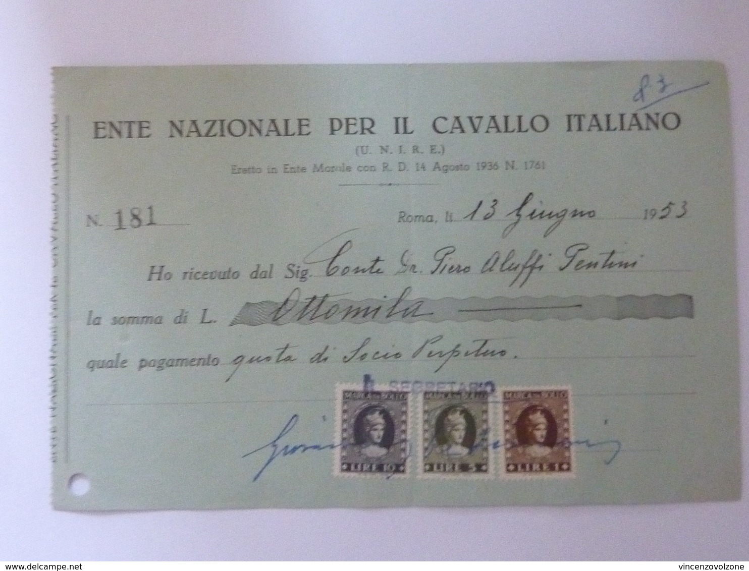 Ricevuta "ENTE NAZIONALE PER IL CAVALLO ITALIANO" Roma 13 Giugno 1953. Con Marche Da Bollo - Italien