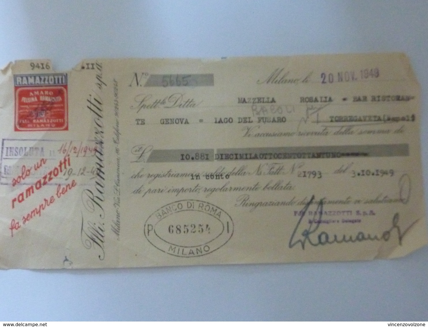 Cambiale "RAMAZZOTTI  - Bar Ristorante Torregaveta, Lago Del Fusaro" 1949 - Bills Of Exchange