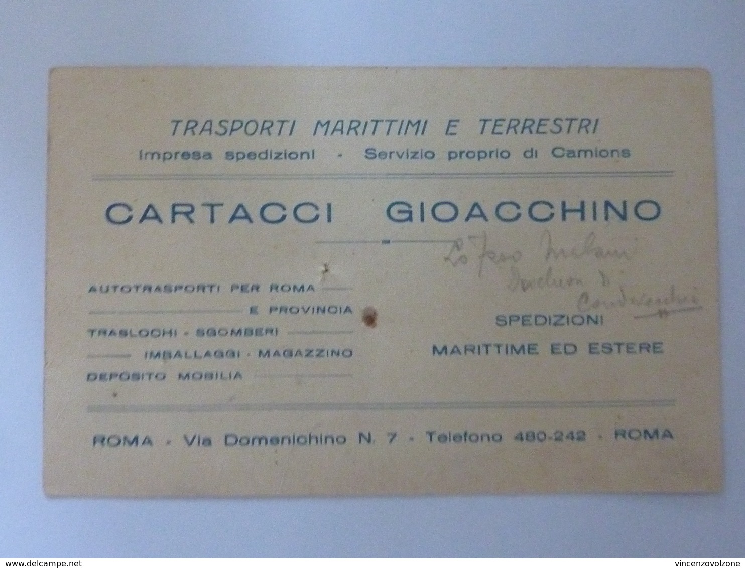 Cartoncino Pubblicitario "CARTACCI GIOACCHINO TRASPORTI MARITTIMI E TERRESTRI - ROMA" Anni '40 - Pubblicitari