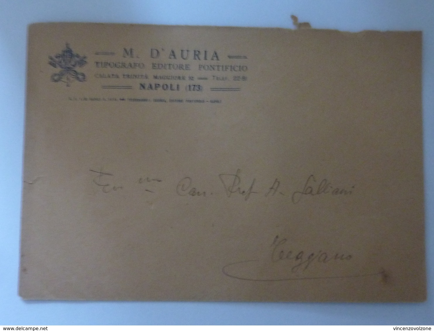 Busta Pubblicitaria Per Posta "M. D'AURIA TIPOGRAFO EDITORE PONTIFICIO - NAPOLI" Anni '30 - Pubblicitari