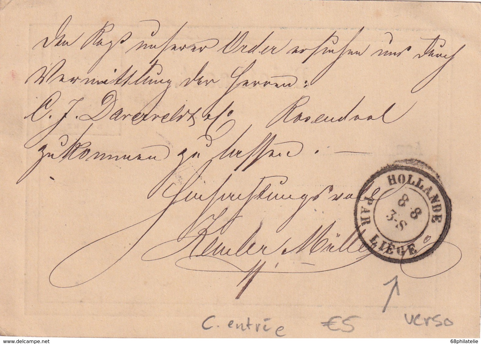 PAYS-BAS   ENTIER POSTAL/GANZSACHE/POSTAL STATIONERY CARTE AVEC CACHET ENTREE HOLLANDE PAR LIEGE - Postal Stationery