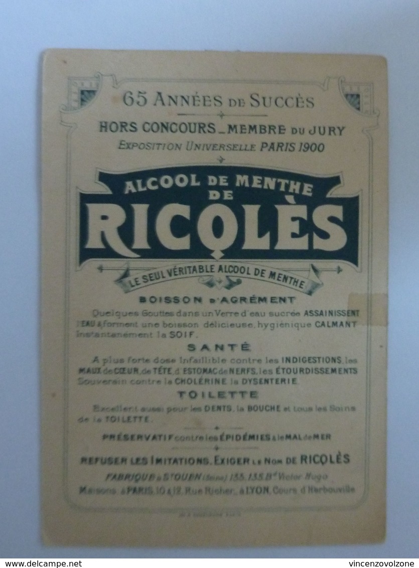 Cartoncino Pubblicitario "ALCOOL DE MENTHE RICOLES" Franca 1900 - Pubblicitari