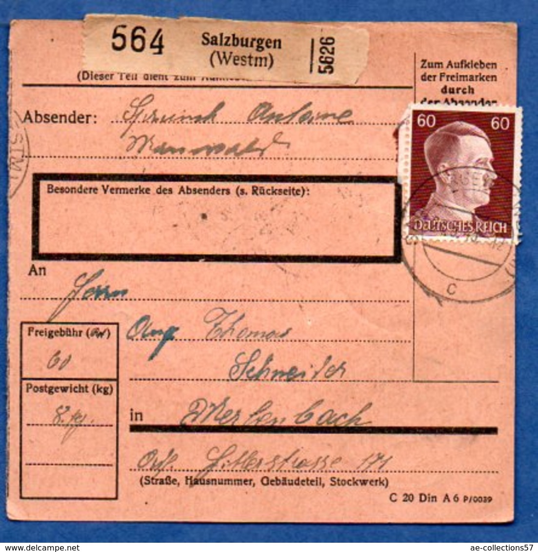 Colis Postal  - Départ Salzburgen  (château Salins ) --  25-3/1943 - Lettres & Documents