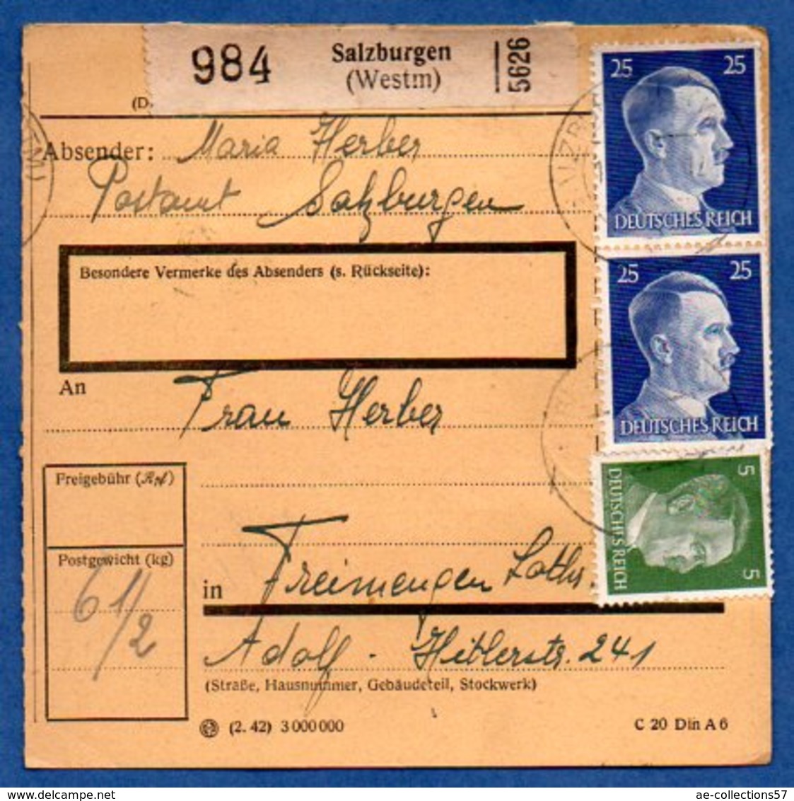 Colis Postal  - Départ Salzburgen  (château Salins ) --  14/11/1942 - Lettres & Documents