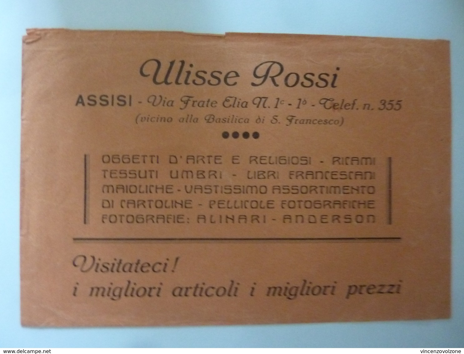 Busta Pubblicitaria "ULISSE ROSSI  - ASSISI" Anni '50 - Pubblicitari