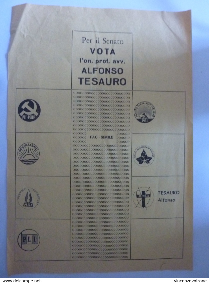 Volantino Elettorale "Per Il Senato VOTA  L'on. Prof. Avv. ALFONSO TESAURO DEMOCRAZIA CRISTIANA" 1972 - Pubblicitari