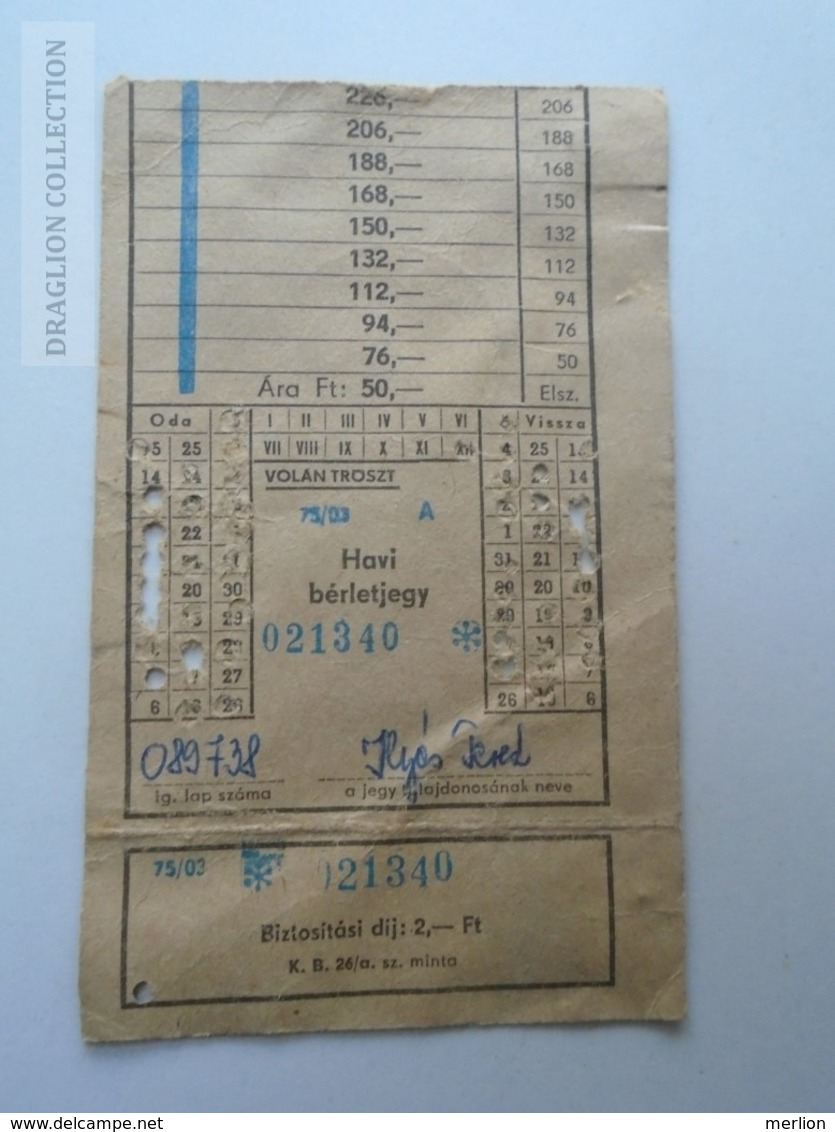 ZA153.14  Hungary MÁVAUT  Bus Ticket Autobus - 1975  Volán Tröszt Monthly  Ticket - Autres & Non Classés