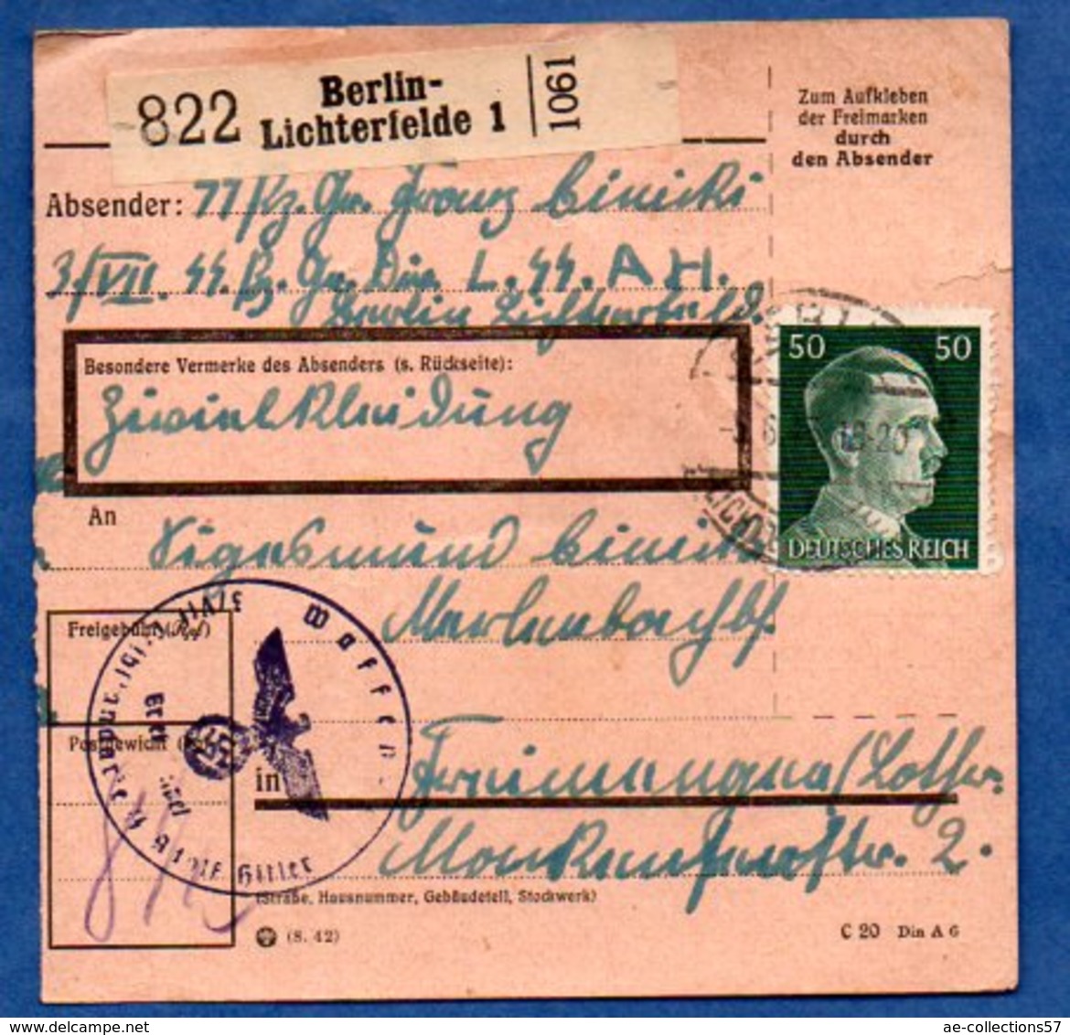 Colis Postal  - Départ Berlin Lichterfelde  --  11/6/1943 - Lettres & Documents