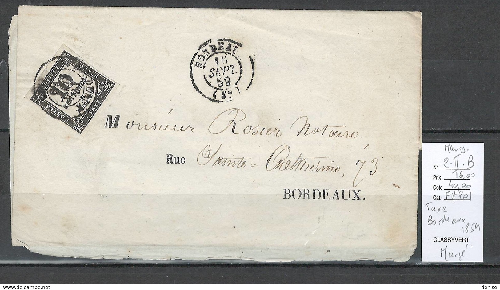 France - Lettre Taxée De Bordeaux -1859 - Maury- 2-II - B - Margé - 1849-1876: Période Classique