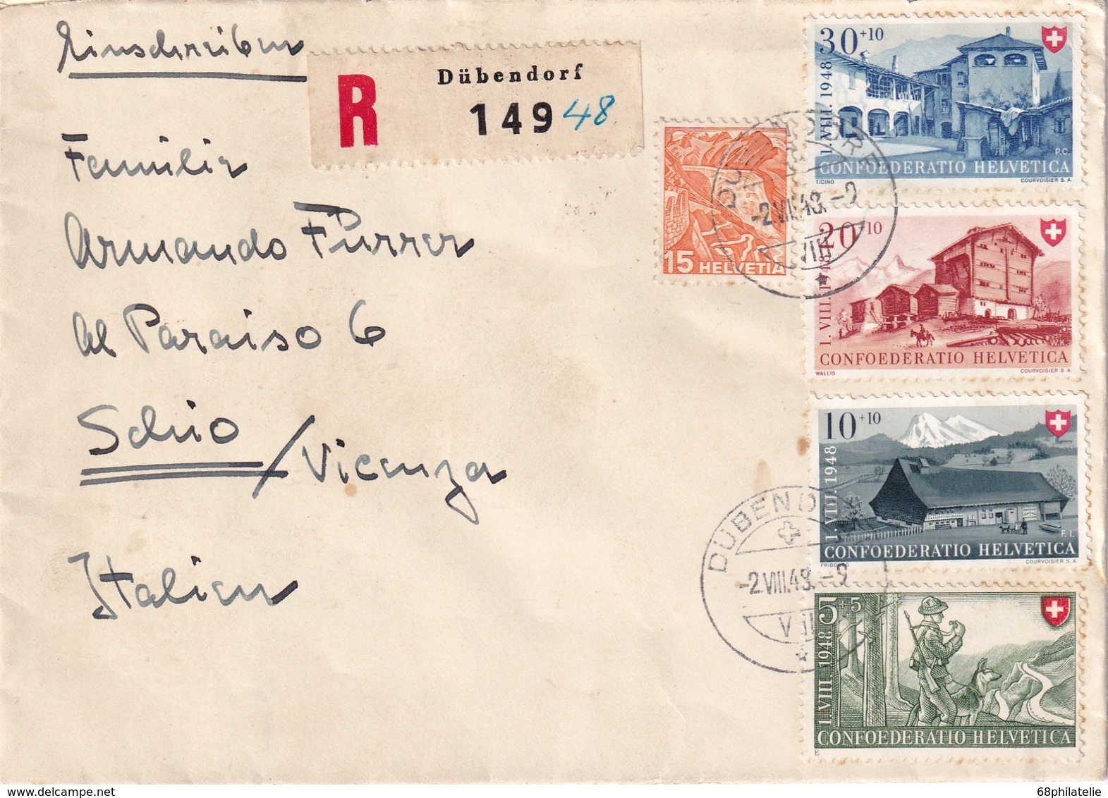 SUISSE 1948 LETTRE RECOMMANDEE DE DÜBENDORF AVEC CACHET ARRIVEE SCHIO - Briefe U. Dokumente