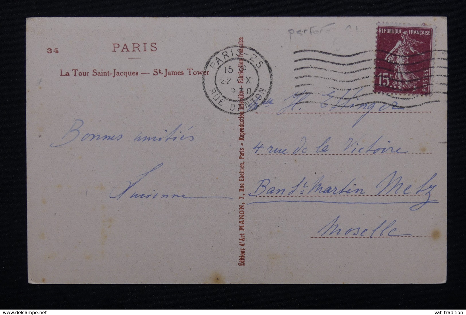 FRANCE - Type Semeuse Perforé Sur Carte Postale En 1930 - L 20720 - Autres & Non Classés