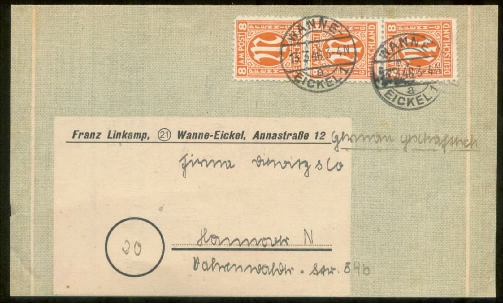 19360 AM Post 5 Z 8 Pfg MeF 3 X Brief Wanne Eickel - Hannover 1946 ,Bedarfserhaltung. - Sonstige & Ohne Zuordnung