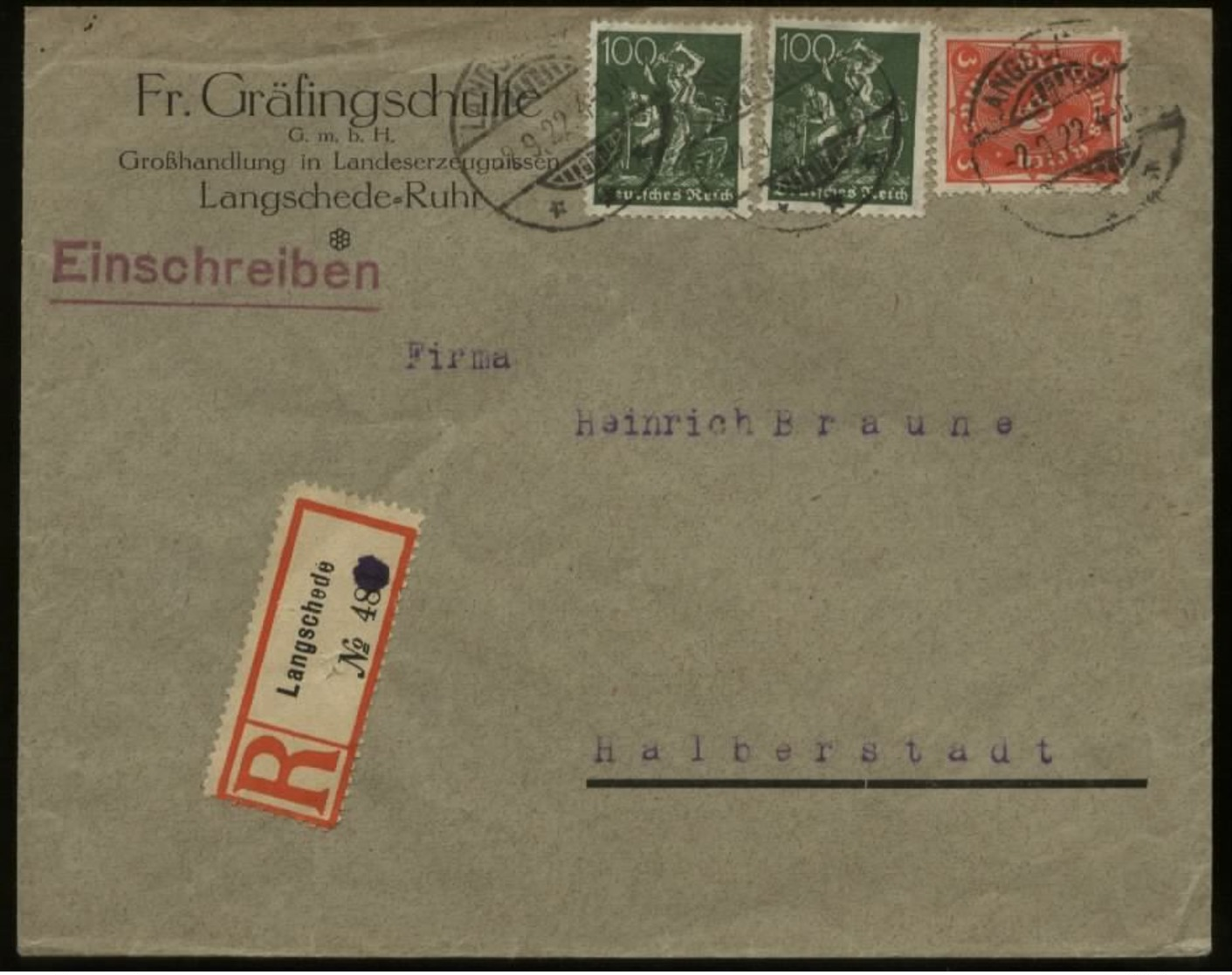 S1776 DR Infla Firmen R - Brief , Gebraucht Langschede Ruhr - Halberstadt 1922 , Bedarfserhaltung. - Briefe U. Dokumente