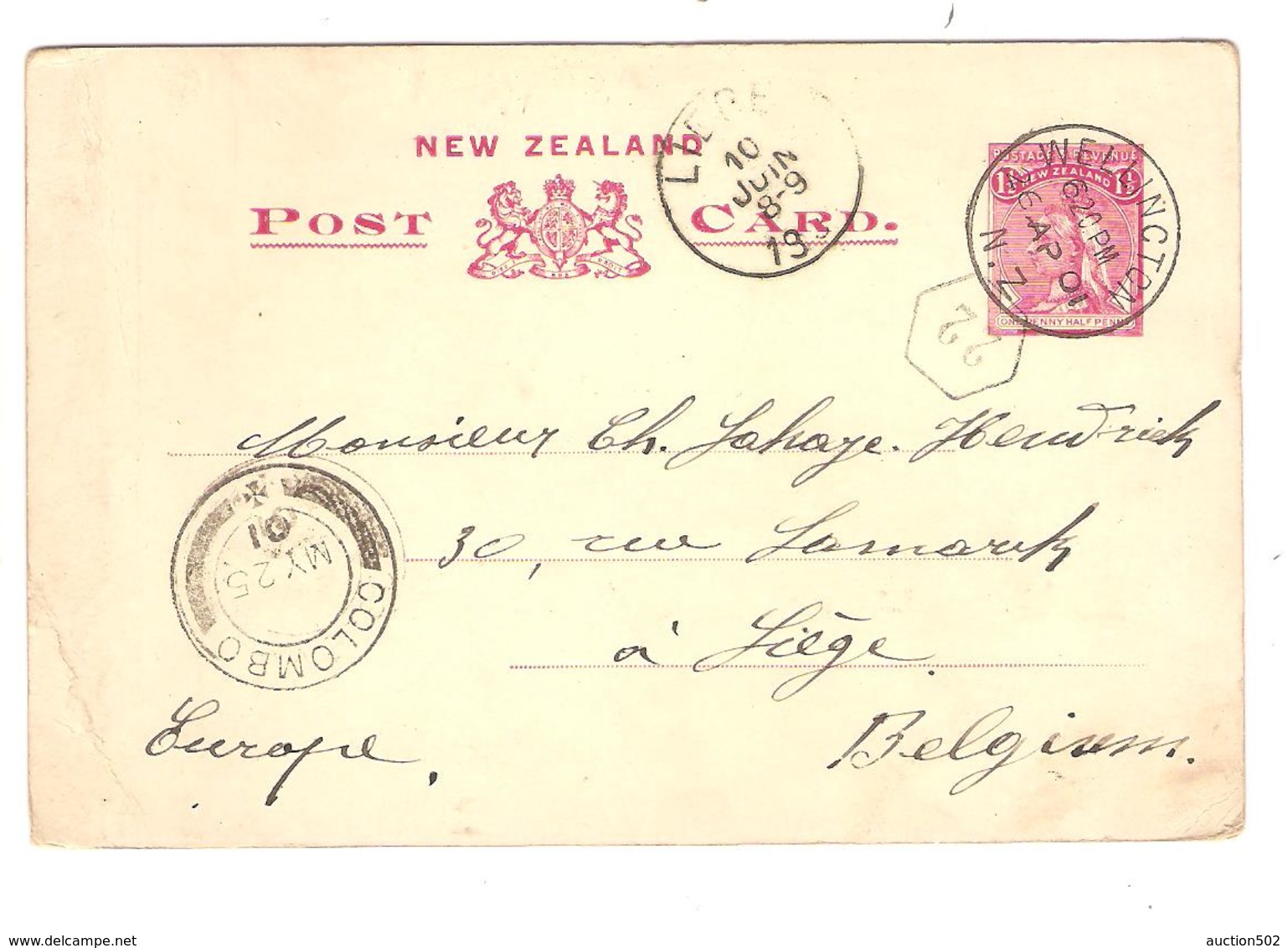 PR6154/ New-Zealand Entire PC 1 1/2 Penny Wellington 1901 Via Colombo To Belgium Liège Arrival Cancellation - Postwaardestukken