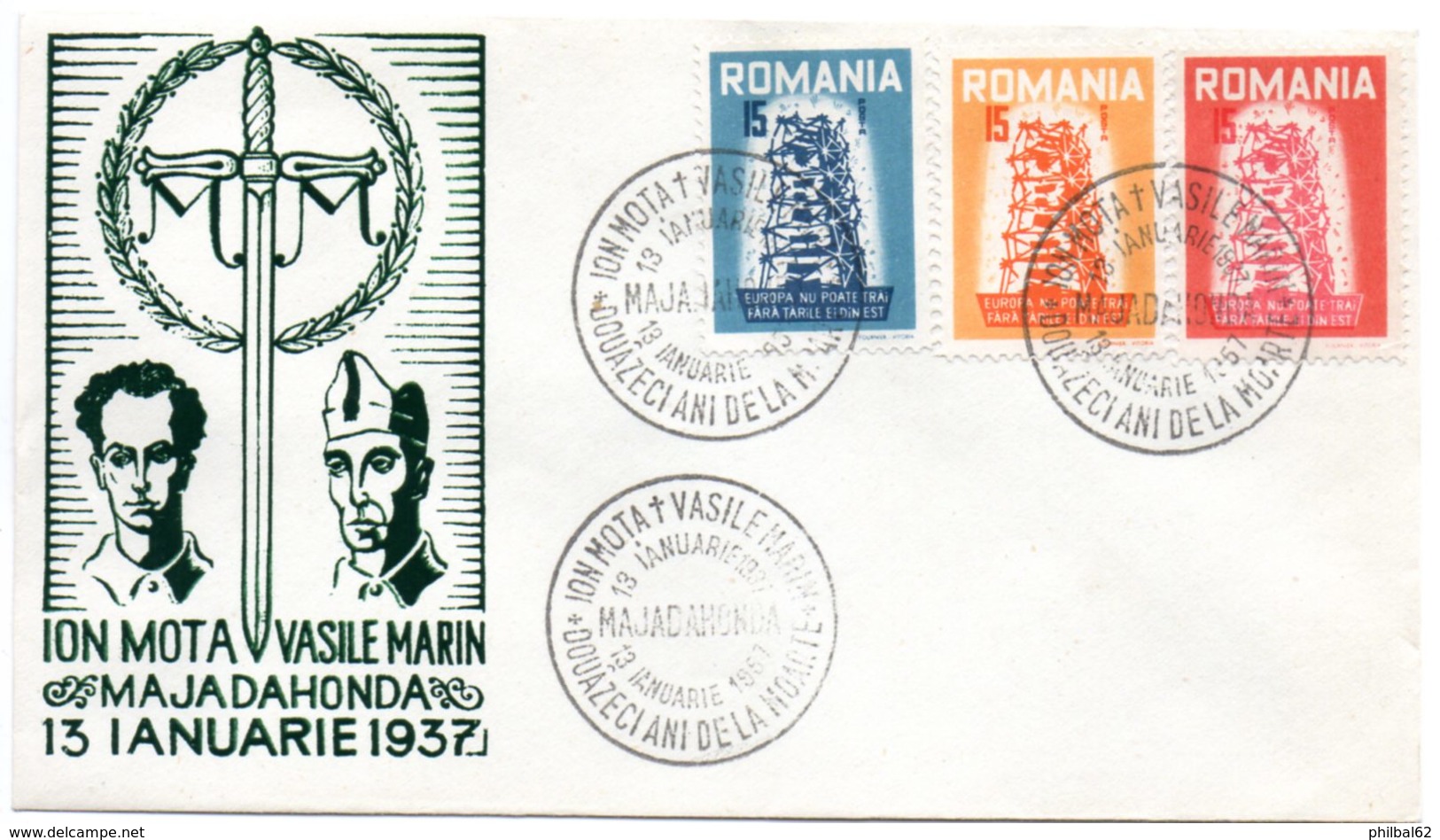 Europa.Roumanie. Ion Mota, Vasile Marin Majadahonda 13 Ianuarie 1937. Cachet à Date 13/01/1957. - Europese Instellingen