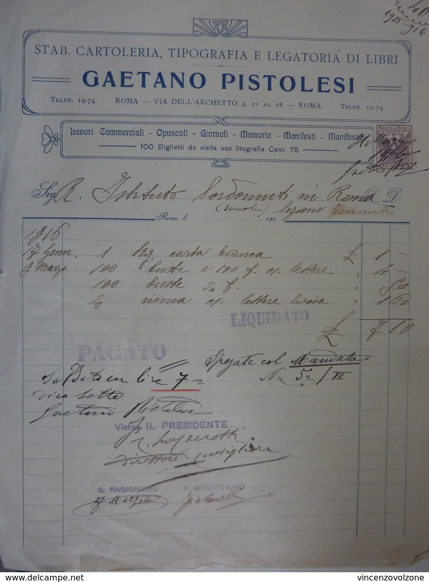 Fattura "STAB. CARTOLERIA, TIPOGRAFIA E LEGATORIA DI LIBRI GAETANO PISTOLESI - ROMA" 1916 Con Marca Da Bollo - Autriche