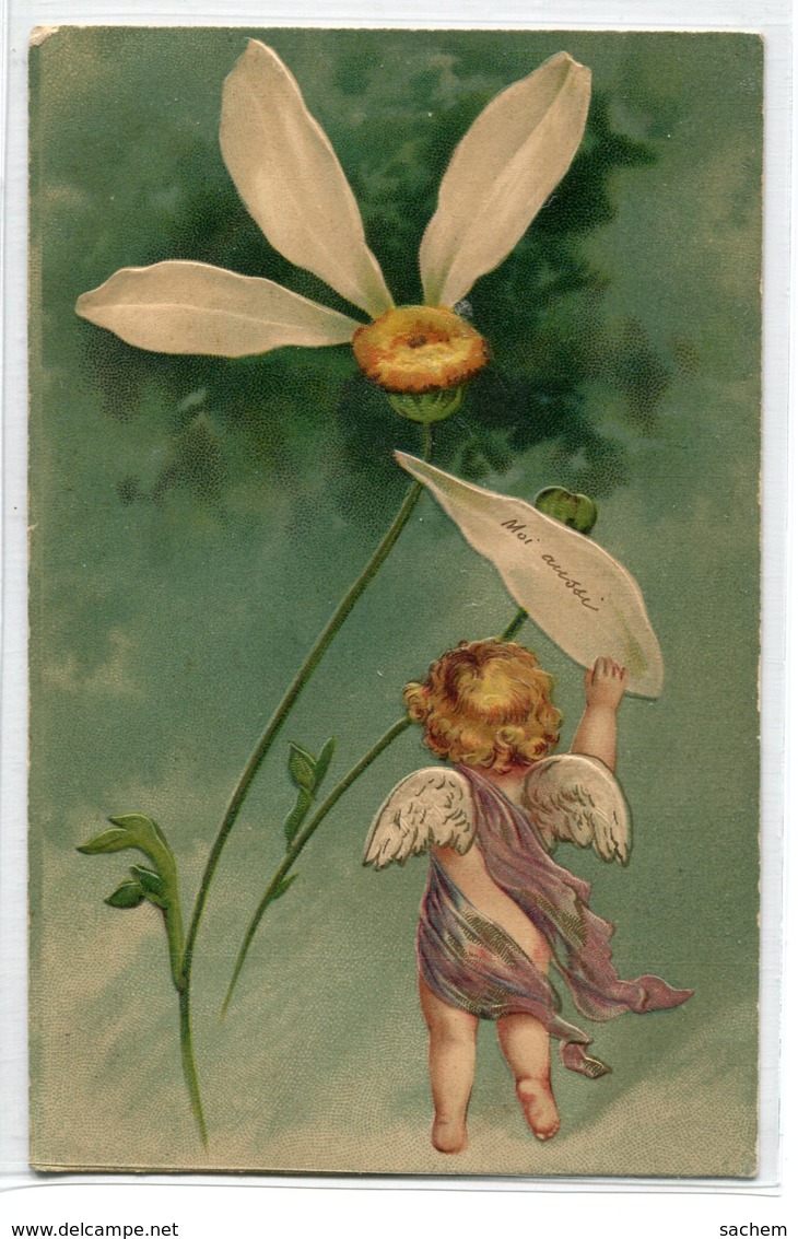 ANGES 009 Ange Et La Marguerite " Moi Aussi  " Carte GAUFREE   1904 Timbrée Dos Non Divisé - Anges