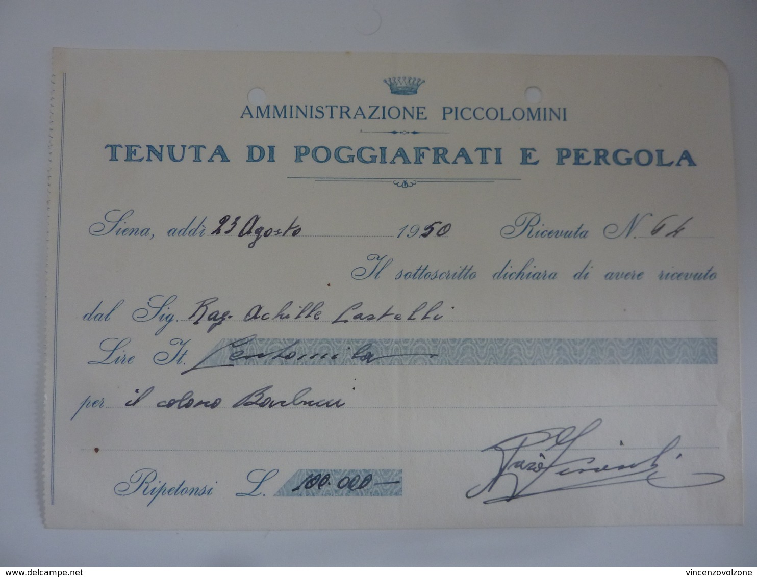 Ricevuta "AMMINISTRAZIONE PICCOLOMINI  TENUTA DI POGGIAFRATI E PERGOLA" 23 Agosto 1953 - Italy