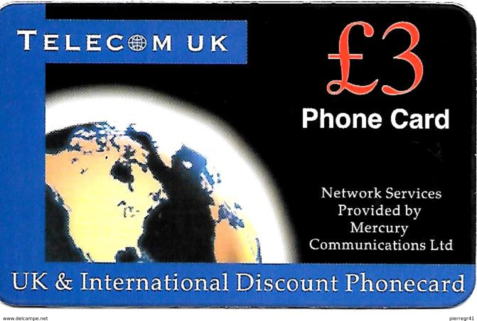 CARTE+-PREPAYEE-GB-MERCURY-3£-TELECOM UK-Plastic Fin R° Glacé-TBE- - Mercury Communications & Paytelco