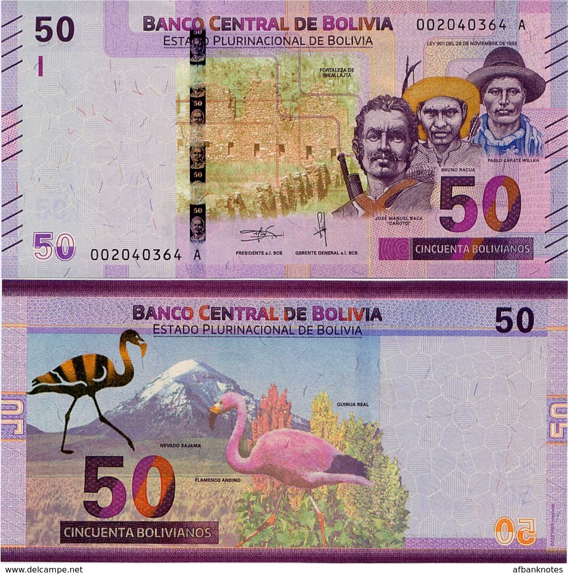 BOLIVIA       50 Bolivianos       P-New       L. 1986 (2018)       UNC  [Series A - Oberthur] - Bolivia