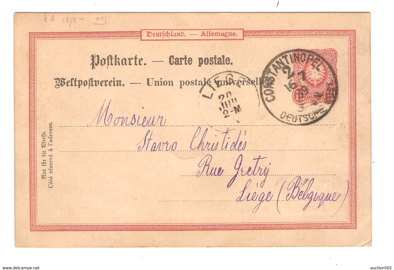 PR6160/ Germany Levant Ganz. PK 10 Pfg C.Constantinopel DEutsche Post 1889 N.Belgien Lüttich - Deutsche Post In Der Türkei