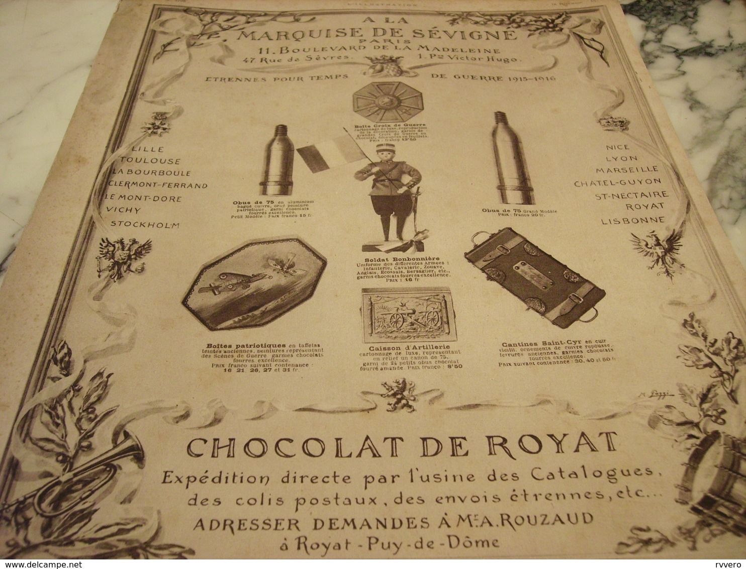 ANCIENNE PUBLICITE CHOCOLAT DE ROYAT MARQUISE DE SEVIGNE 1915 - Affiches