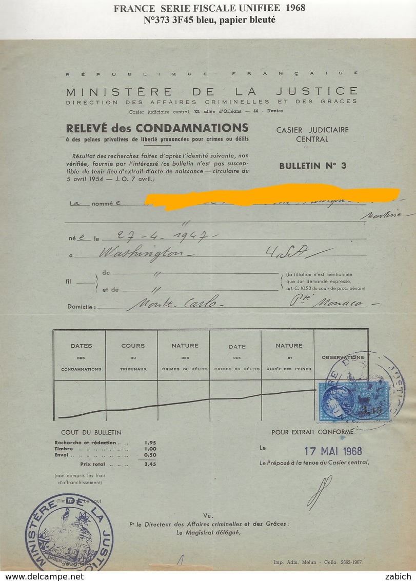 FISCAUX  DOCUMENT 1968  SU N° 373  3F45  BLEU COTE  140 € - Andere & Zonder Classificatie