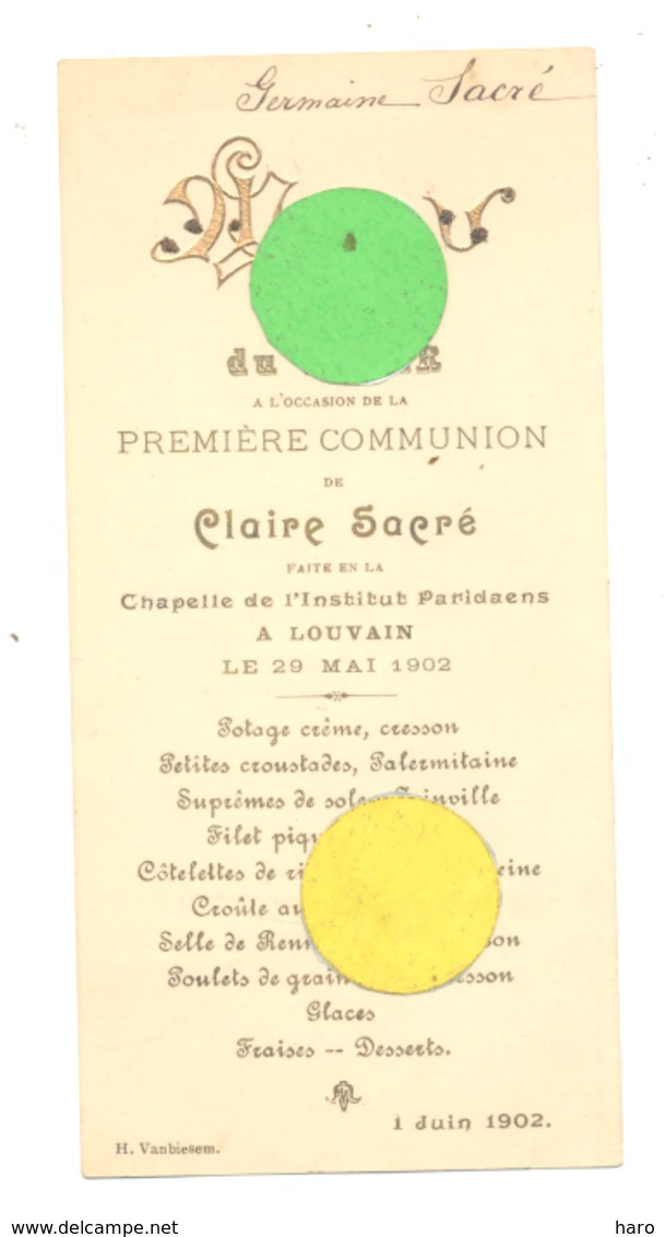 MENU 1902 - LEUVEN / LOUVAIN - Iére Communion De Claire Sacré En La Chapelle De L'Institut Paridaens (b243) - Menus
