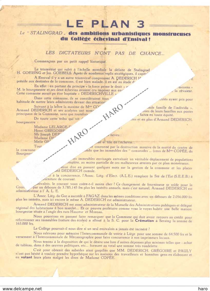 TOP - ENSIVAL(Verviers) - Lettre D'information Virulente Contre Le Plan 3 Du Bourgmestre Et De 2 échevins En 1957 (b243) - Collections