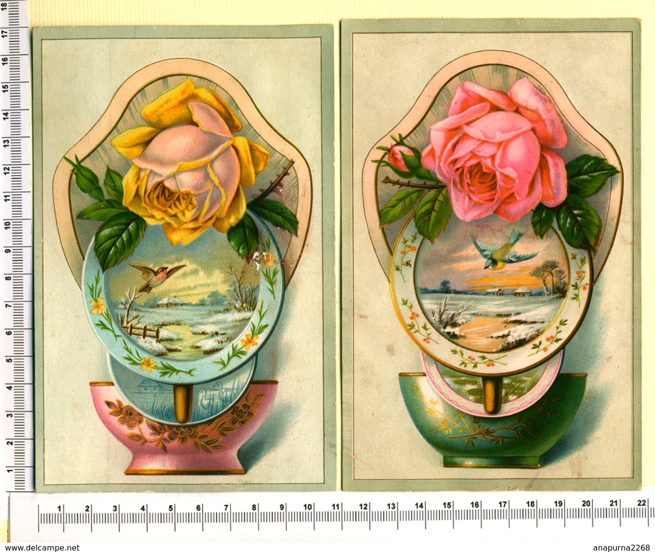 2 CHROMOS LITHOS.GRAND FORMAT.....PAYSAGES D'HIVER...ROSES....OISEAUX..... RELIEF - Autres & Non Classés