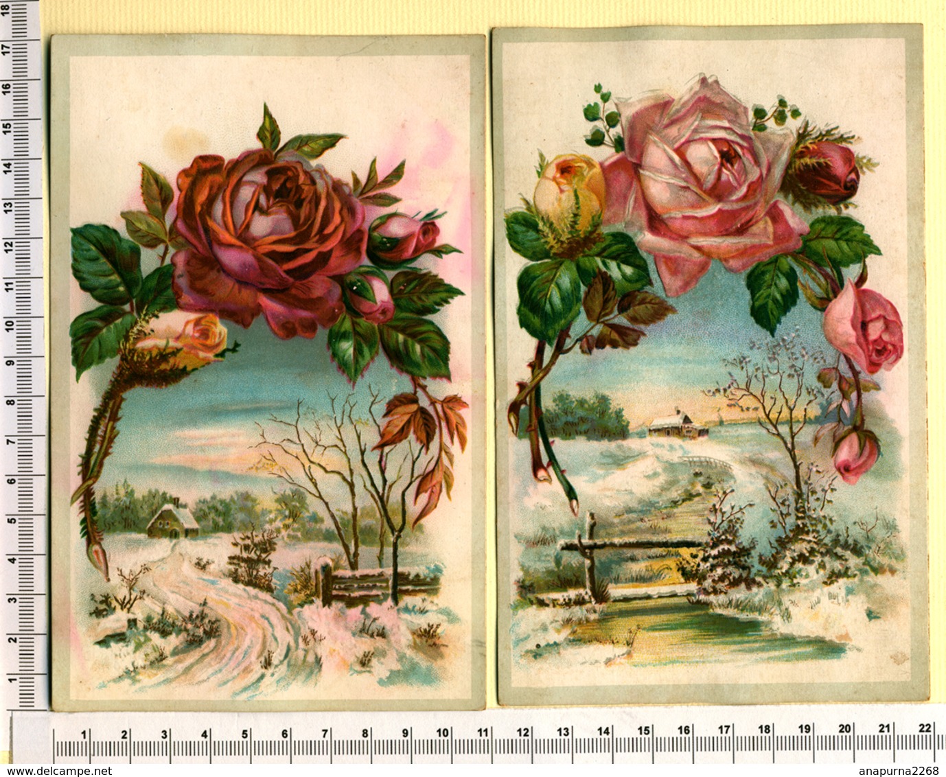 2 CHROMOS LITHOS.GRAND FORMAT...H  17  Cm.....PAYSAGES D'HIVER...ROSES....IMPORTANT RELIEF - Autres & Non Classés