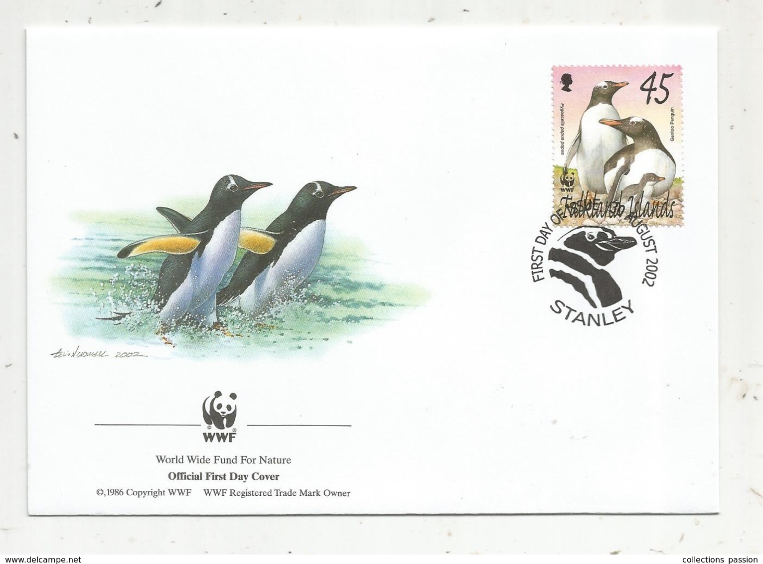 Lettre , 1 Er Jour,official First Day Cover , WWF , Falkland Islands , Stanley,2002, Gentoo Penguin - Falkland