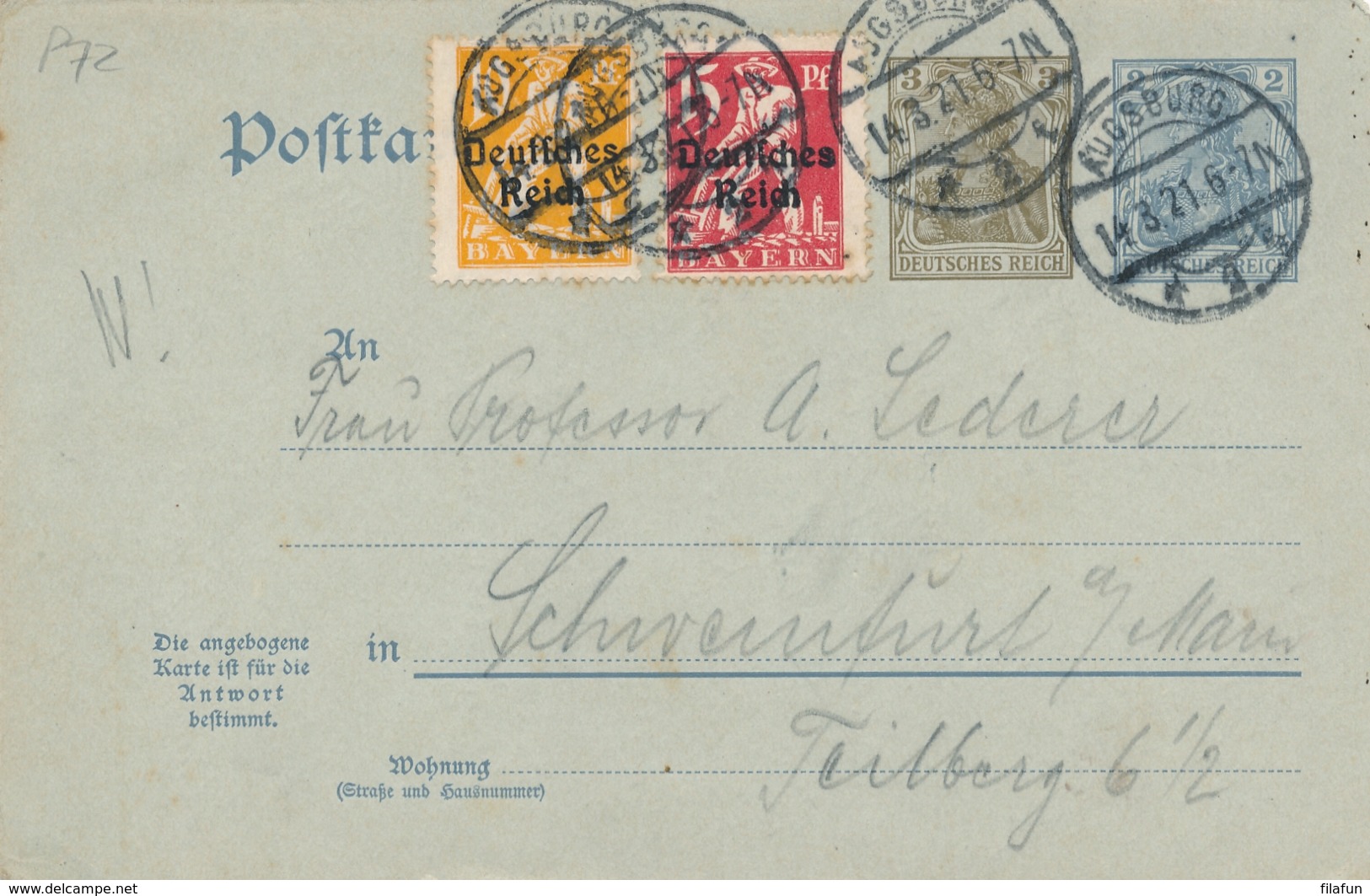 Deutsches Reich - 1921 - 2+3Pf +2+3Pf Postkarte + Extra Stamps Sent From Augsburg To Schweinfurt - Andere & Zonder Classificatie