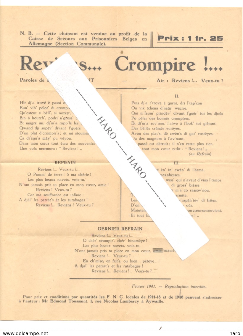 AYWAILLE , Guerre 40/45 - Chanson " Reviens...Crompire..." Vendue Au Profit Des Prisonniers Belges En 1941  (b243) - Partitions Musicales Anciennes