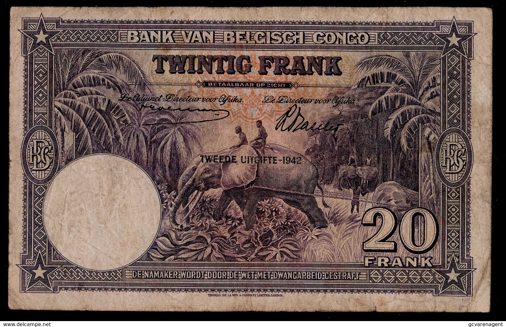 BANK VAN BELGISCH CONGO VINGT FRANCS 10_O3_42   2 SCANS - Banca Del Congo Belga