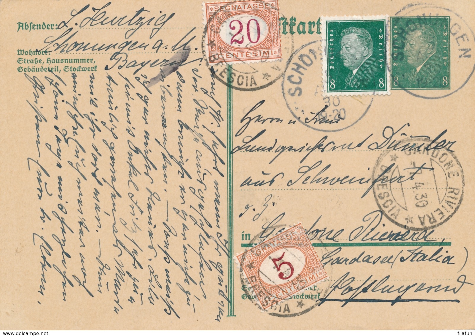 Italia - 1930 - 20 & 5c Postage Due On Postkarte From Schonungen To Gardone Riviera Brescia - Andere & Zonder Classificatie