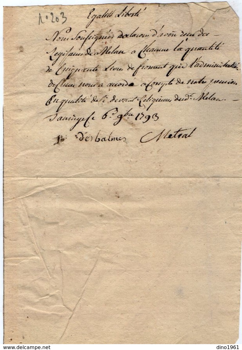 VP14.175 - Révolution Française - 1793 - Reçu / Document Concernant Le Régisseur De La Chartreuse De Mélan à TANINGES - Manuscripts