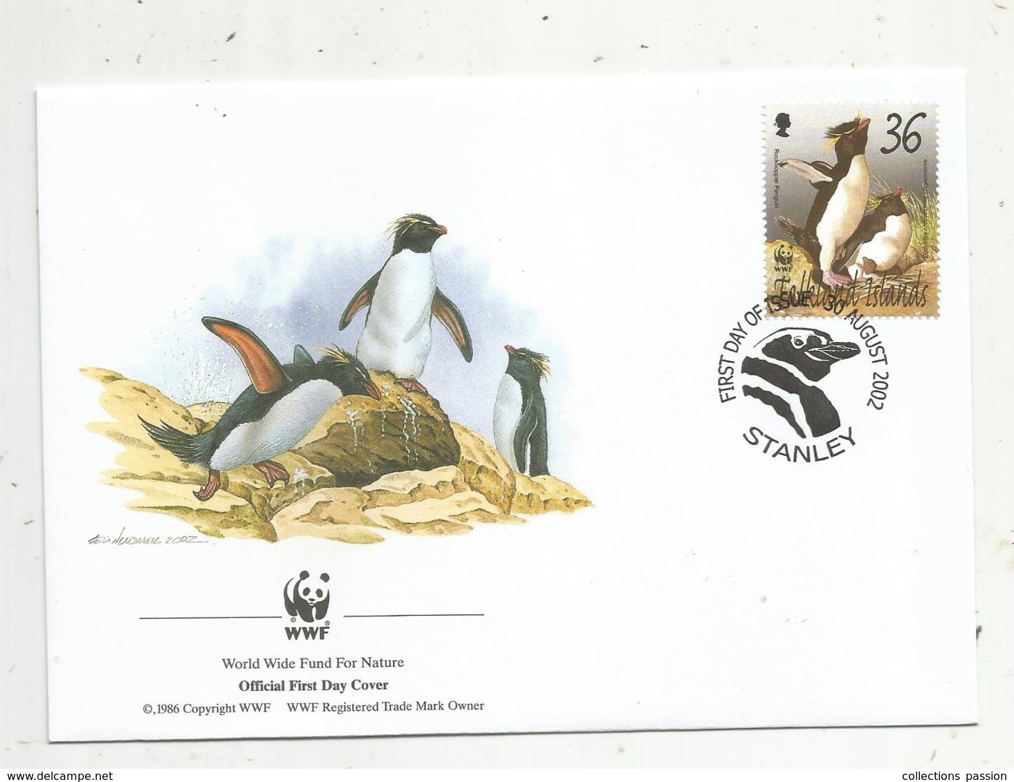 Lettre , 1 Er Jour,official First Day Cover , WWF , Falkland Islands , Stanley,2002, Rockhopper Penguin - Falkland